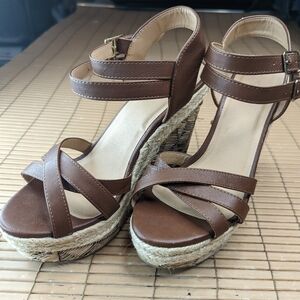 Charlotte Russe Brown Vegan Leather Espadrilles Platform Wedge 5" Heel Sandals W